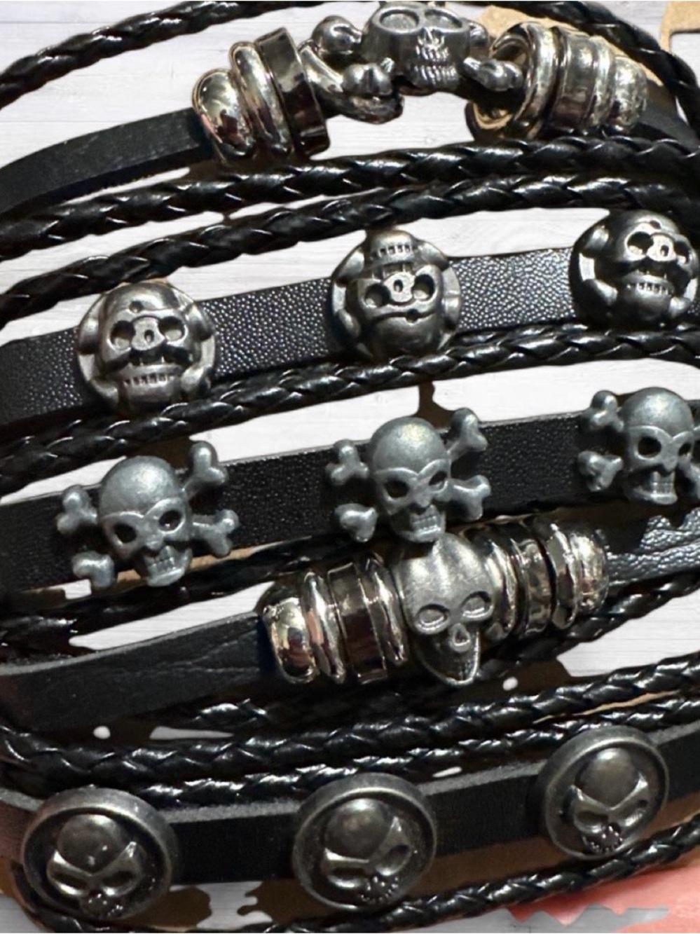 Men's Black Braided Leather Bracelet Set with Adjustable Knots
